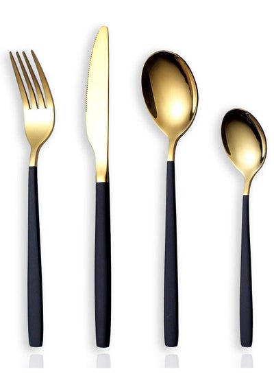 اشتري Flatware Cutlery Set, Royal 4 Piece Matte Black Gold Stainless Steel Tableware Sets for 1 Including Forks Spoons Knives, Camping Silverware Travel Utensils Set Cutlery في السعودية