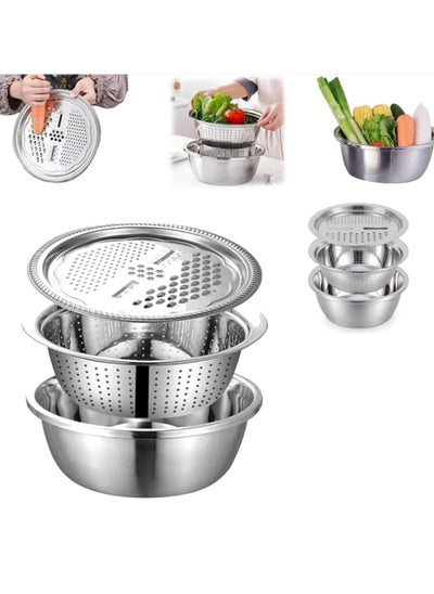 Buy Multifunctional 3-In-1 Stainless Steel Grater Basin Drain Basket Washing Bowl Set Silver in UAE