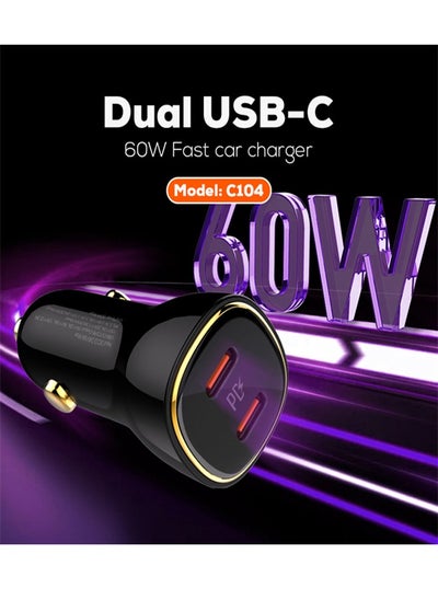 اشتري 60W Car charger Dual USB Ports PD QC Super Fast Car charger Type C Compatible With iPhone 16 15 14 13 12 11 iPad Pro mini 6 Samsung S24 S23 S22 Xiaomi Airpods 4 Apple Watch S10 Black في الامارات