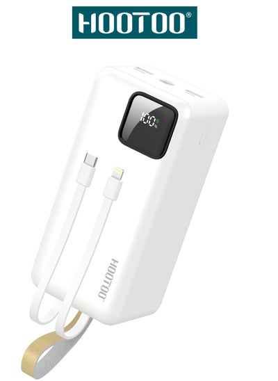 Buy Hootoo 50000mAh Power Bank with 3 Outputs (2 x USB-A, 1 x USB-C) and input (micro-USB), Two built-in cables, Battery digital Display, 22.5W Fast Charging, LED Flashlight and Carrying Strap. White in Saudi Arabia