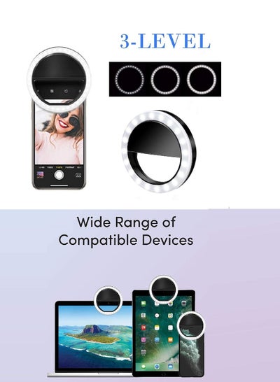 Buy Portable Selfie Ring Light With Small Clip On LED Video Conference Flash Lighting Circle Cell Phone For iPhone, Android, iPad, Laptop Computer - 3-Level Adjustable Brightness Black Color With Batterie in Saudi Arabia