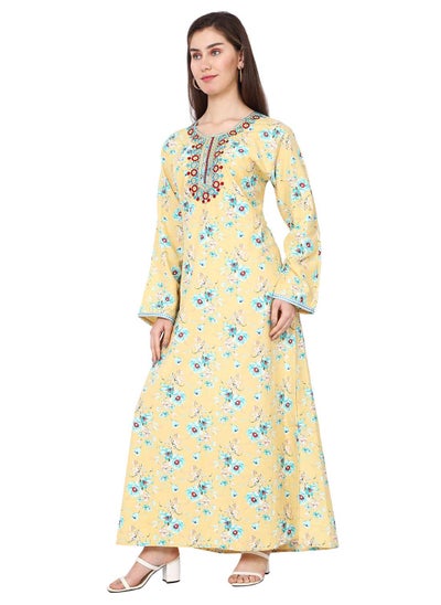 اشتري UNIQUE FOLRAL PRINTED DESIGN WITH THREAD EMBROIDERY YELLOW COLOUR ARABIC KAFTAN JALABIYA DRESS في السعودية