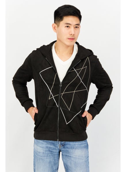 Buy Men Embroidered Zip Hooded Sweatshirt, Black in UAE