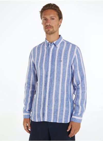 Buy Men's Linen Triple Stripe Regular Fit Shirt -  Pure linen, Blue/ Multicolor in UAE