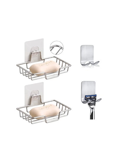 Buy 2 Pcs Adhesive Raysoap Tray with 2 Pcs Razor Hanging Hooks Soap Holder for Bathroom Shower Hanger in UAE