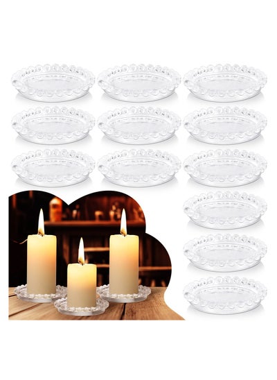 اشتري Glass Candle Tray, 12 Pcs Transparent Crystal Coasters Round Modern Glass Coasters, 3 Inch Pillar Candle Holders, Modern Candle Tray Stand for Weddings Birthday Party Dining Table Centerpiece في الامارات