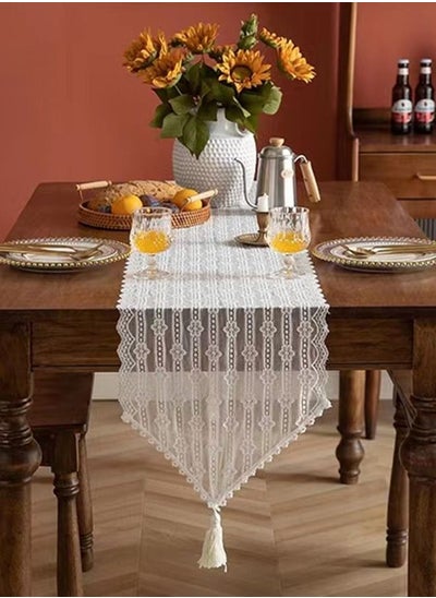 اشتري 1-Piece European Style Hollowed Fringe Pendant Tablecloth/Table Runner White Polyester Fiber White 30 x 180 Centimeter في الامارات