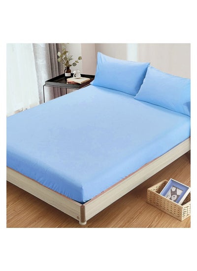 Buy 100% Turkish Cotton Fitted Sheet Set 180X200+25cm, 2 Pillow Cases 50X75 cm Blue in UAE