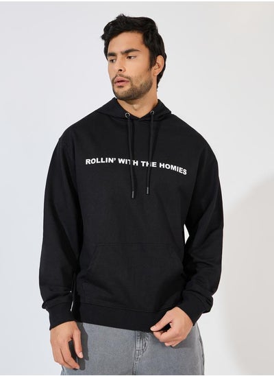 Buy Slogan Text Print Relaxed Fit Hoodie in Saudi Arabia