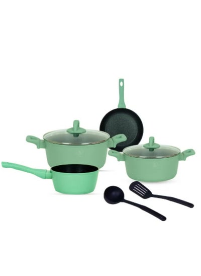 اشتري 8-Piece Granite Coated Cookware Set, Nonstick Coating For Cooking, Casserole With Lid, Frying Pan, Saucepan Kitchen Tools, Green في الامارات