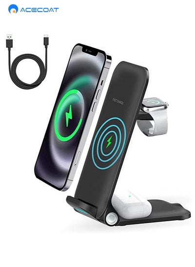 Buy 3-in-1 Foldable Wireless Charging Station Phone Holder with 15W Fast Charging for iPhone8/11/12/13/14/X Series&HUAWEI Mate 30/40/50 Pro&XIAOMI 9/10/11&Samsung Galaxy S20/21/22 iWatch AirPods, Black in Saudi Arabia