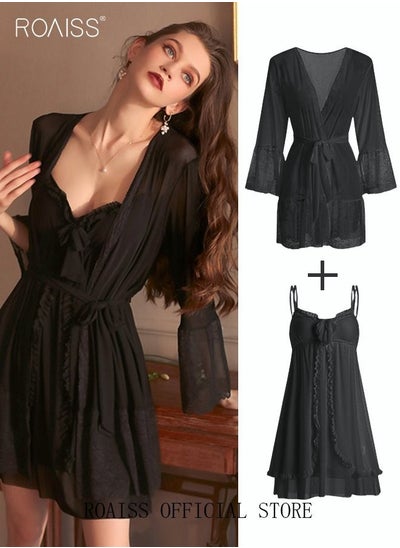 اشتري 2 Piece Nightgown Set Women's Sweet Halter Nightdress Lace Lingerie Sleepwear Home Dress Set Romantic Elegant Pajamas Ladies Spring Autumn Robe Loungewear في السعودية