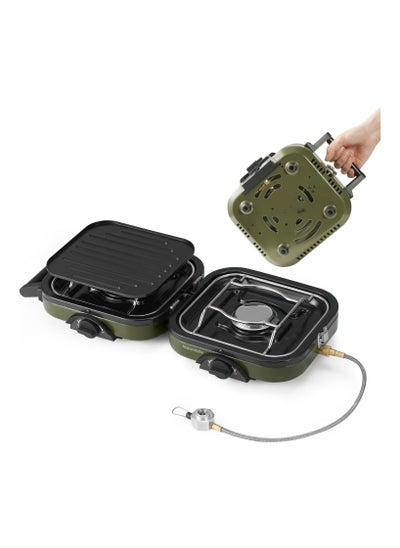 اشتري V2COM 2-in-1 Gas Camping Stove, Frying Pan, Stove with Adjustable Burners, 88.18 oz, Carrying Handle, Portable, Iron Skillet Perfect for Camping & Hiking. في الامارات