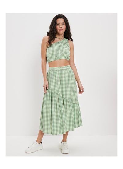 Buy AE Gingham Asymmetrical Tiered Midi Skirt in UAE