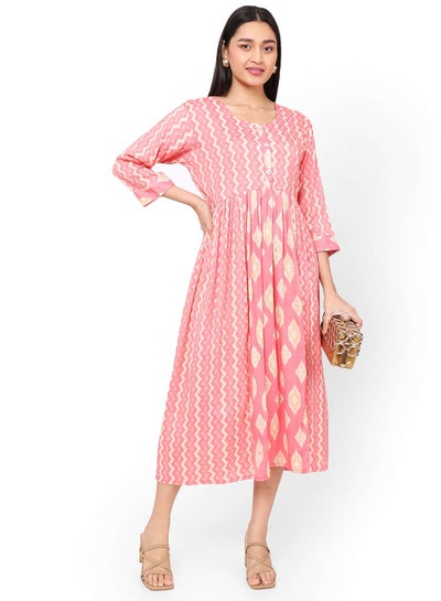 اشتري FRONT STYLED BUTTONED SOFT VISCOSE PRINTED PINK COLOUR SHORT ARABIC KAFTAN JALABIYA DRESS في السعودية