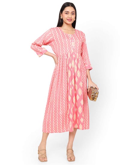 Buy FRONT STYLED BUTTONED SOFT VISCOSE PRINTED PINK COLOUR SHORT ARABIC KAFTAN JALABIYA DRESS in Saudi Arabia