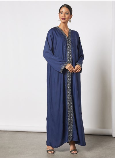 Buy Jersey Abaya With Contrasting Panel And Front Embroidery in Saudi Arabia