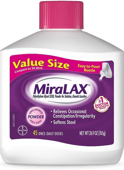 Buy MiraLAX Gentle Constipation Relief Laxative Powder, Stool Softener with PEG 3350, Works Naturally with Water in Your Body, No Harsh Side Effects, Osmotic Laxative, 1 Physician Recommended, 45 Dose in UAE