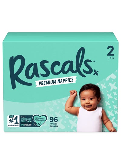 Buy Rascals Premium Baby Diapers Jumbo Box - Size 2, 4-8 kg, 96 Count in UAE