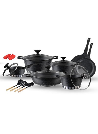 Buy ROYAL KITCHEN Cresta Grand Gift Pack 18 Pcs – Non Stick Diecast Marble Coated Black Cookware Set, Includes Casseroles, Sauce Pan, Wok, Frying Pan, Tawa, and Spoons, Long-Lasting, Elegant Design, Perfect for Every Kitchen in UAE