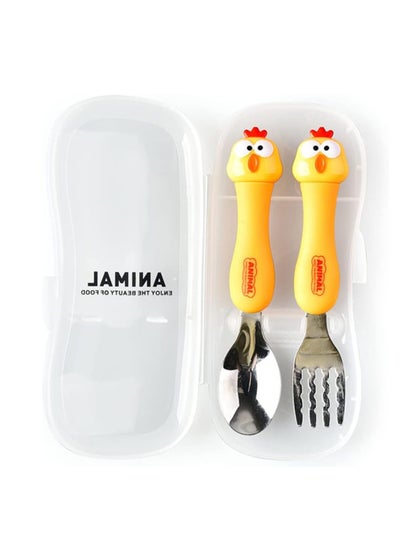 Buy Cartoon Toddler Utensils Cute Animal Stainless Steel Children's Tableware Set Student Fork and Spoon Two Piece Creative Cutlery Set with Portable Travel Case For Girls Boys Kids- Chick Yellow in Saudi Arabia