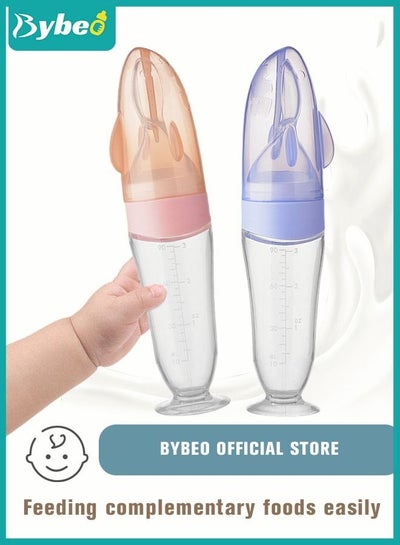 Buy 2 Pieces Baby Silicone Feeding Bottle Spoon Baby Food Feeder with Standing Base for Infant 0-24 Months Dispensing and Feeding in Saudi Arabia