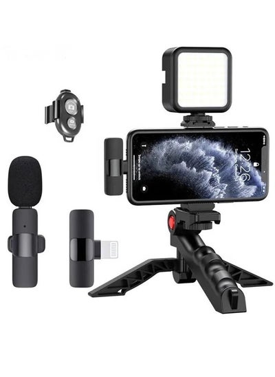 Buy Professional Vlogging Kit – Remote Control, Foldable Tripod, LED Lamp, & Wireless Lavalier Microphone for iPhone in UAE