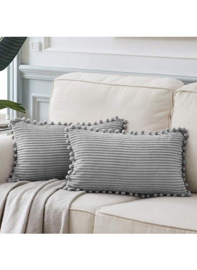 اشتري Fancy Homi Pack Of 2 Boho Grey Lumbar Decorative Throw Pillow Covers With Pom Poms Soft Corduroy Solid Rectangle Cushion Cases Set For Couch Sofa Bedroom Car Living Room 12X20 Inch/30X50 Cm Grey في الامارات