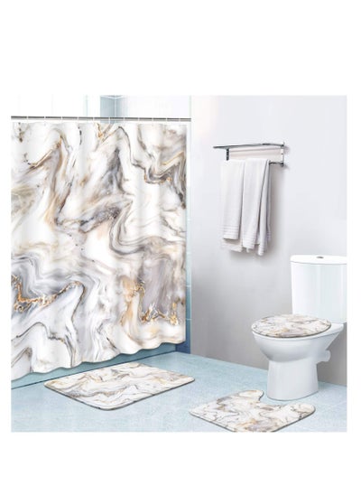 Buy 4-Piece Shower Curtain, Marble Painting with Non-Slip Rug, Toilet Cover and Bath Mat, Durable and Waterproof, Bathroom Decorative Set in UAE