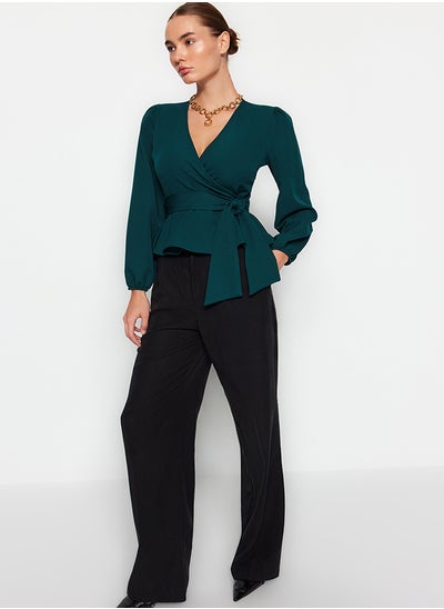 Buy Emerald Green Double Breasted Tie Detailed Woven Blouse TWOAW20BZ1089 in Egypt