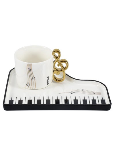 Buy Ceramic Coffee Mug Saucer Set, 6.5 oz/200 ml, Creative Cute Piano Shaped Cup with Spoon and Saucer for Office and Home, for Tea Latte Milk, Elegant White in UAE