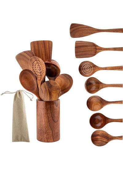 اشتري Wooden Cookware, Natural Non-Stick Teak Cookware Set with Stand, Durable and Safe Wooden Cooking Set for Cooking Spoons and Wok Spatula, Wooden Spoon Holder for Cooking Salads في السعودية