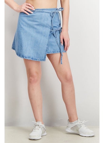 اشتري Women Solid Wrap Denim Mini Skirt, Blue في الامارات