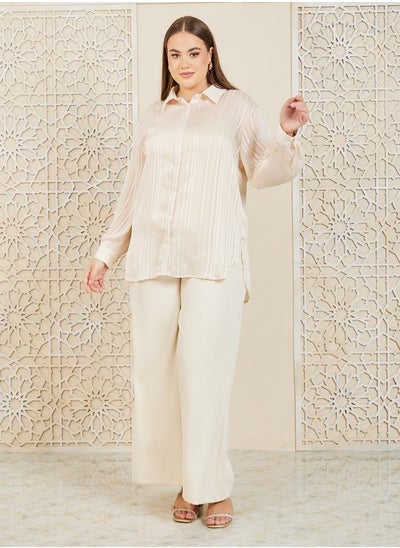 Buy Textured Longline Button Front Shirt with Solid Cami & Wide Leg Pants Co-Ord in Saudi Arabia