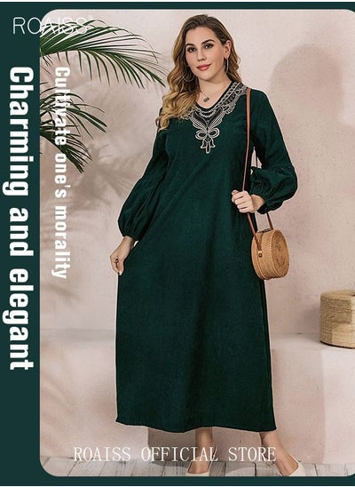 Buy Women's Plus Size Dress for Fall Winter Long Dress Loose Lantern Sleeve V-Neck Long Sleeve Dresses Solid Color Knitted T-shirt Dress for Casual Dating Party Dark Green in Saudi Arabia