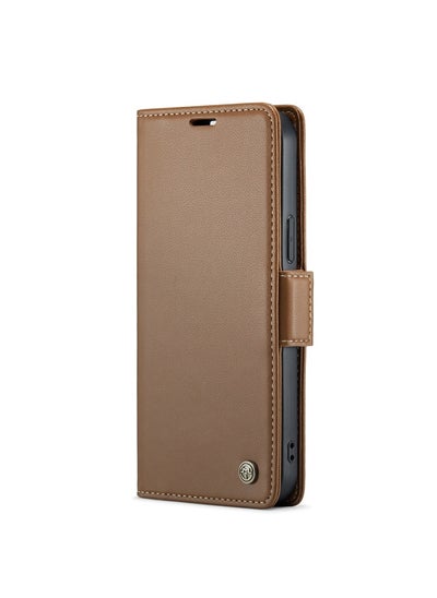 Buy Flip Wallet Case For iPhone 14 Pro Max [RFID Blocking] PU Leather Wallet Flip Folio Case with Card Holder Kickstand Shockproof Phone Cover (Brown) in Egypt