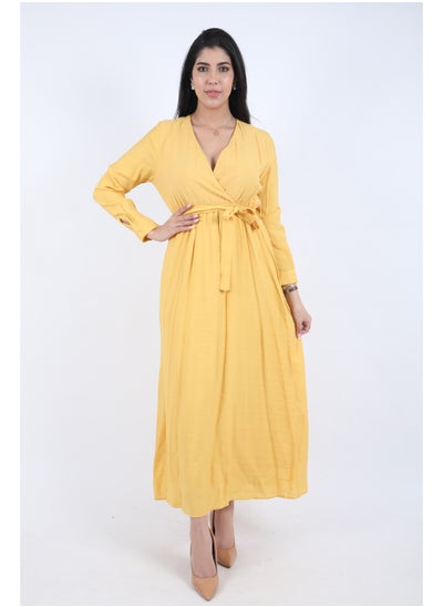 Buy Maxi Galabiya with long sleeves and a belt on the waist, yellow in Saudi Arabia