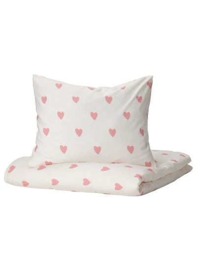 اشتري Duvet cover and pillowcase, heart pattern white/pink, 150x200/50x80 cm في السعودية