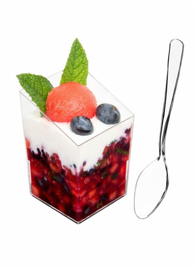 اشتري 30 x 3 oz Mini Dessert Cups with Spoons Square Slanted - Clear Plastic Parfait Appetizer Cup في السعودية