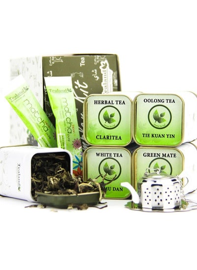 Buy Sampler Kit - Slimming Kit With Tie Kuan Yin Japan Sencha Conpalo Pai Mu Dan Claritea in Tea sealed Can and 2 sachet of Matcha Exclusive Stainless Steel Strainer. in UAE