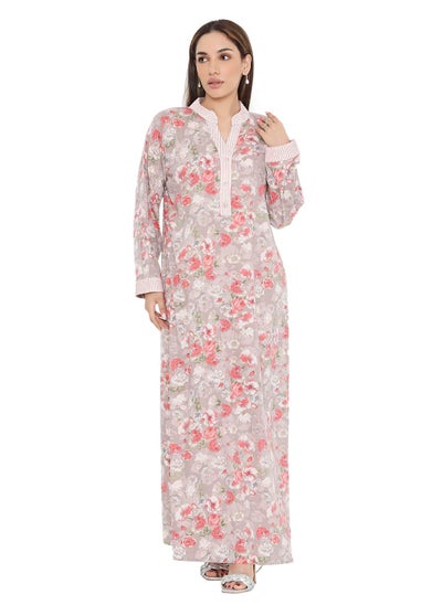 اشتري LONG VISCOSE FLORAL PRINTED COLLAR ARABIC KAFTAN JALABIYA FARASHA DRESS في السعودية