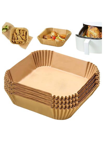 Buy 100 Pieces Disposable Non Stick Air Fryer Paper Liners Square Food Grade Baking Paper, 16cm, Brown in UAE