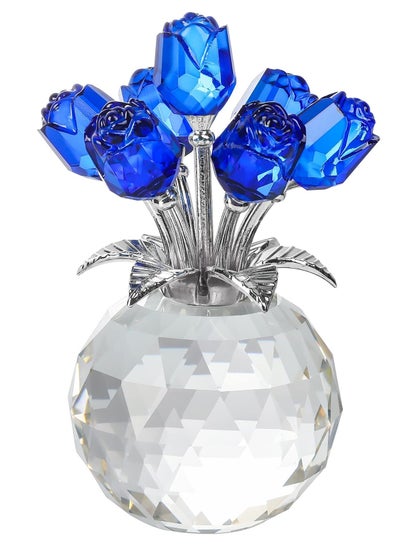 Buy Crystal Blue Rose Flower Figurine, with Round Vase, Handmade Crystal Flower Figurine, Home Table Bouquet Flowers Decor Figurines in UAE