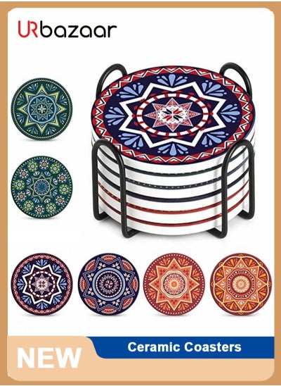 Buy 6 Pcs Mandala Coasters, Absorbent Coaster Sets with Holder, Absorbent Ceramic Stone Coasters for Drink ,Coasters with Cork Back in UAE