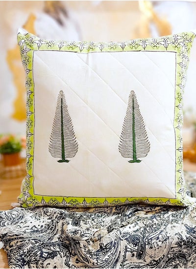 Buy Lemon Green Coral Hand Block Printed Organic Cotton Quilted Cushion Cover 65 Cm X 65 Cm in UAE