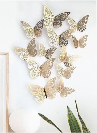 اشتري 12pcs 3D Butterfly Sticker, Gold Hollow Paper Butterfly Wall Art For Home Decor في الامارات