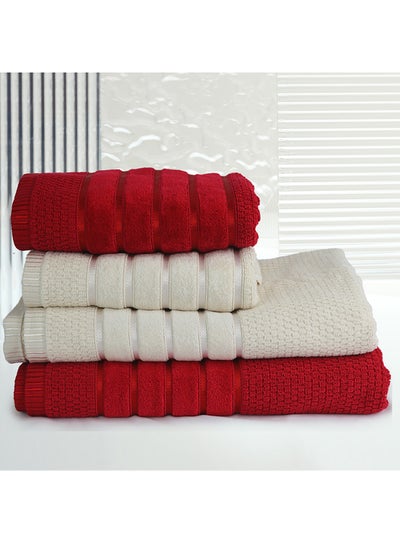 Buy 4 Piece Bathroom Towel Set SALERINO 525 GSM 100% Cotton Terry 2 Bath Towel 70X140 cm & 2 Hand Towel 50x90 cm Red & Cream Color Soft Feel Super Absorbent in UAE