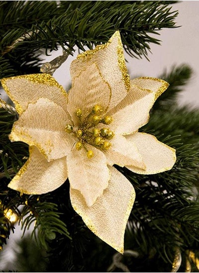 اشتري Glitter Flowers,10 Pcs Chirstmas Poinsettia Flowers Artficial Flowers Xmas Tree Ornaments Decorations 5.1/4.3inch Gold Wreaths for New Year Tree Ornaments 13CM Gold في السعودية