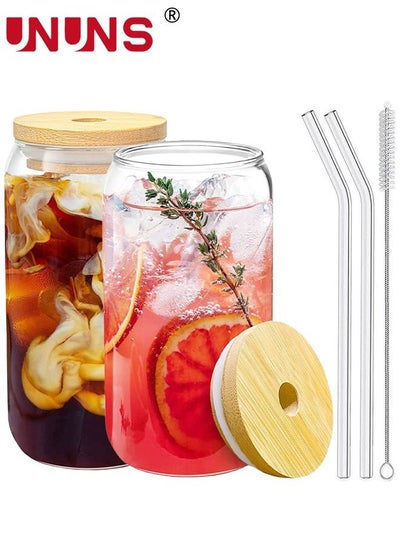 Buy Can Tumbler Glasses,2PCS Drinking Glasses With Bamboo Lids And Glass Straw,16oz Coke Can-Shaped Tumbler Glass Cups With 1 Cleaning Brushe,For Tea,Soda,Iced Coffee in UAE