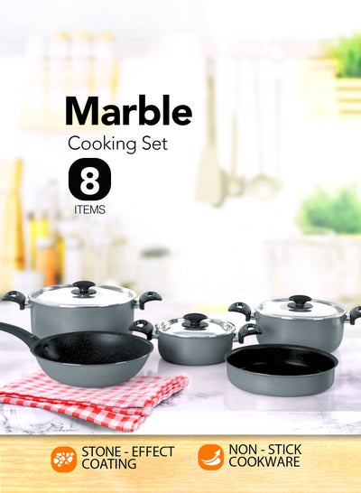 Buy 8 Piece Cookware Set - Aluminum Pots And Pans - Non-Stick Surface - Bakelite Handles -Stainless Steel Lids - PFOA Free - Black and gray granite in Saudi Arabia